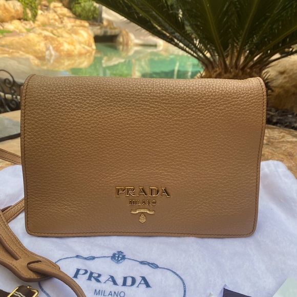 Buttery soft caramel tan  authentic PRADA crossbody bag w/ extra stripe strap - Picture 1 of 10